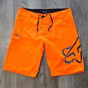 Fox Racing Board Shorts  Neon Orange Black Mens size 36 Logo Swim Trunks Cargo